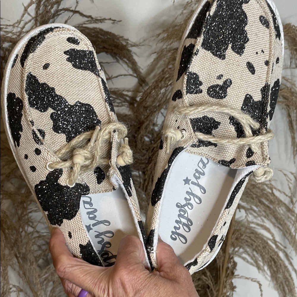Gypsy Jazz cream and black sparkly cow shoes.